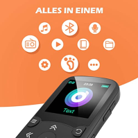 AGPTEK MP3 přehrávač s klipem, s páskem na ruku, Bluetooth 5.3, s FM rádiem, diktafonem pro sportovní běh, podporuje až 128GB TF